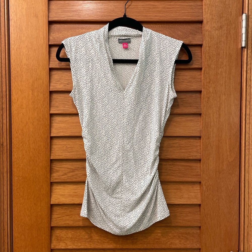Vince Camino sleeveless white polka-dot blouse